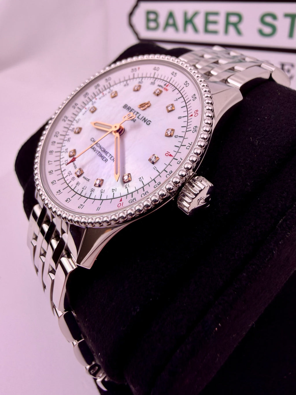 Case #408 — Breitling Navitimer 35MM Mother of Pearl Dial with Diamond Hour Markers Ref. A17395211A1A1