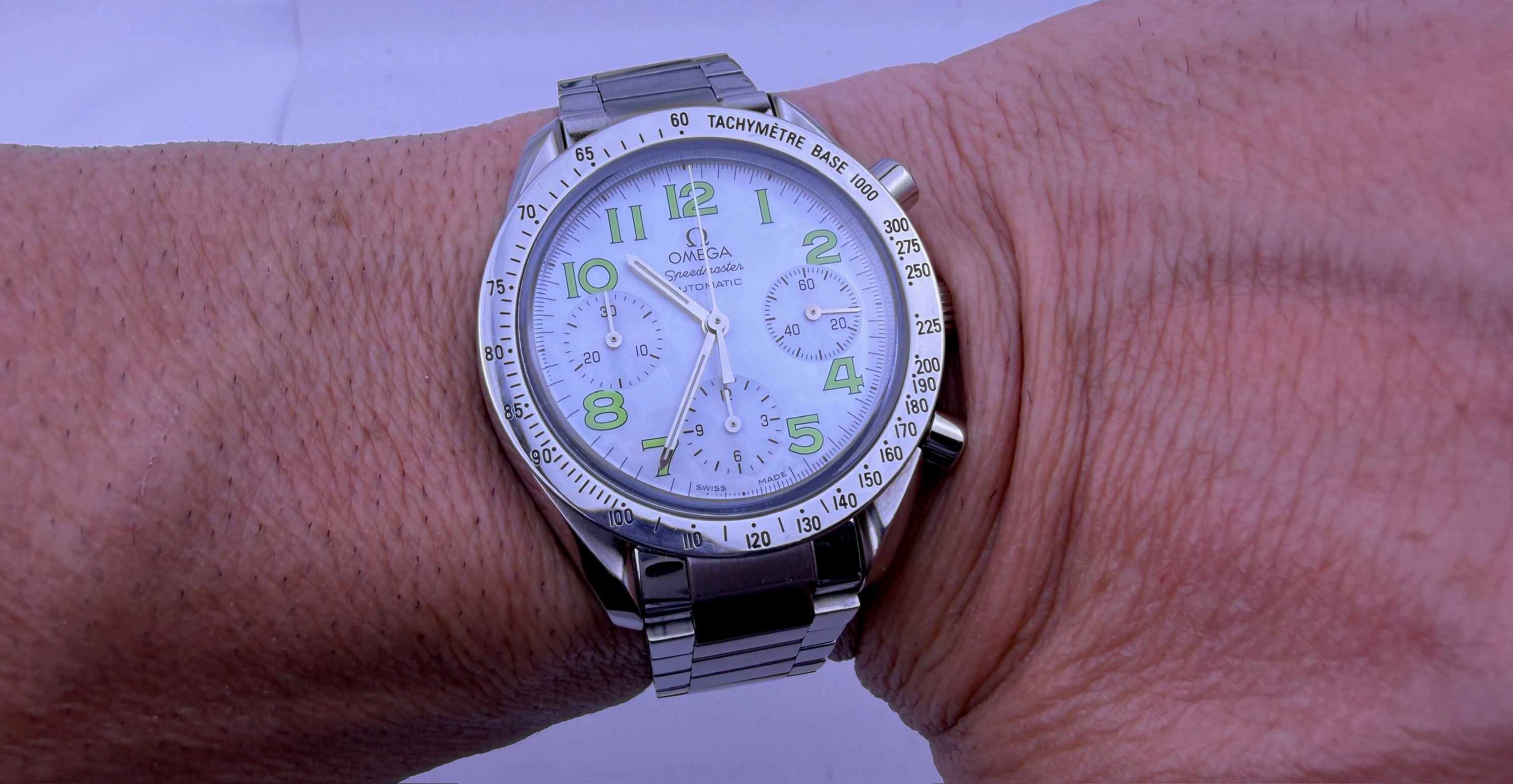 Case #436 — Omega Speedmaster Reduced Mother of Pearl Green Ref. 3834.72.35