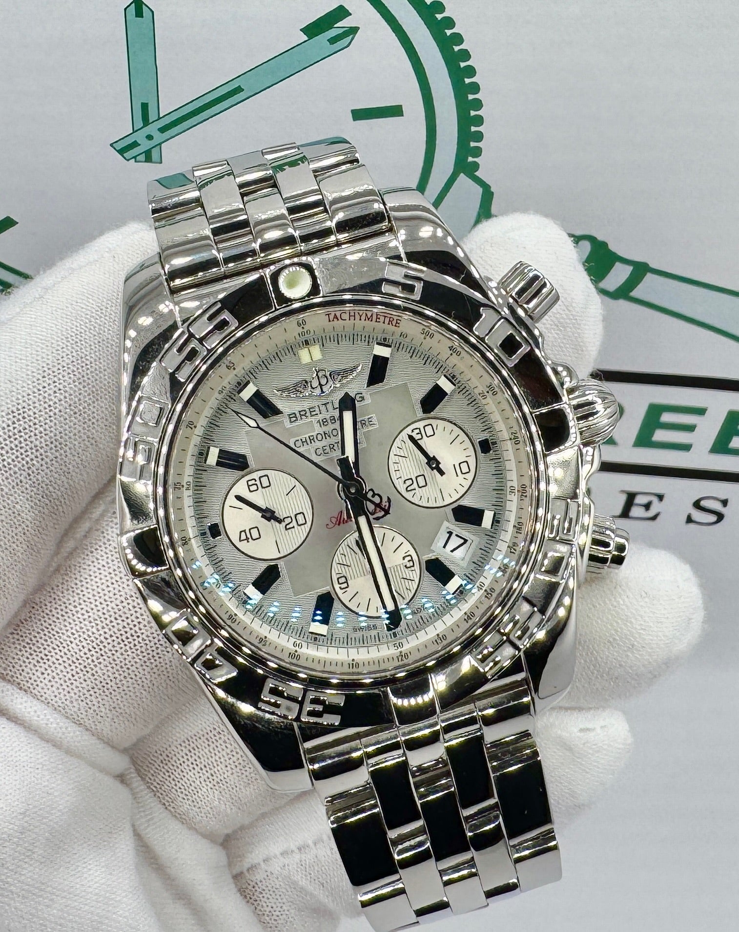 Case #0047 — Pre-Owned Breitling Chronomat AB0110 — Rare Mother of Pearl Dial — Full Kit